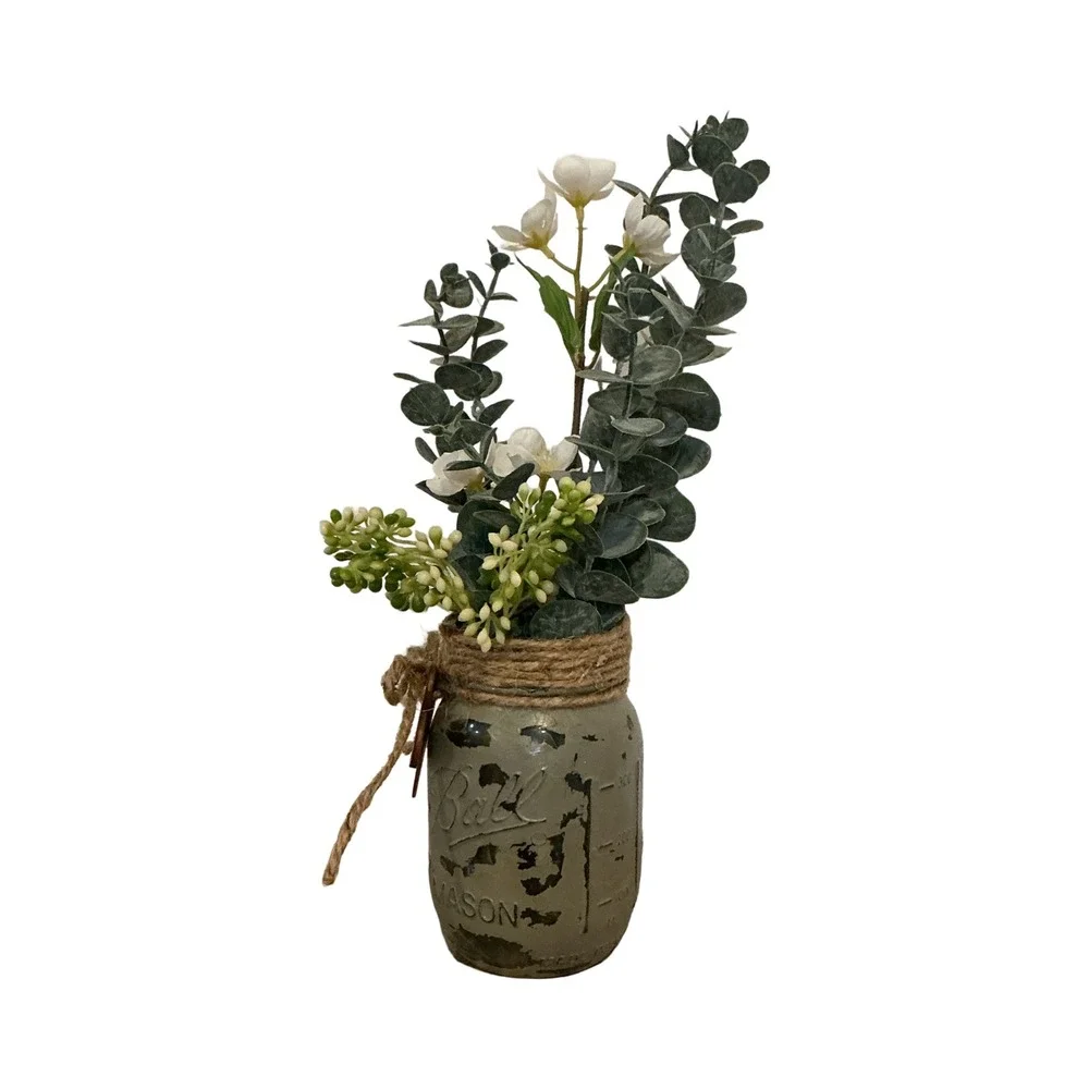 Rustic Ball‎ Mason Jar Artificial Floral Arrangement Welcome Home Decor Green